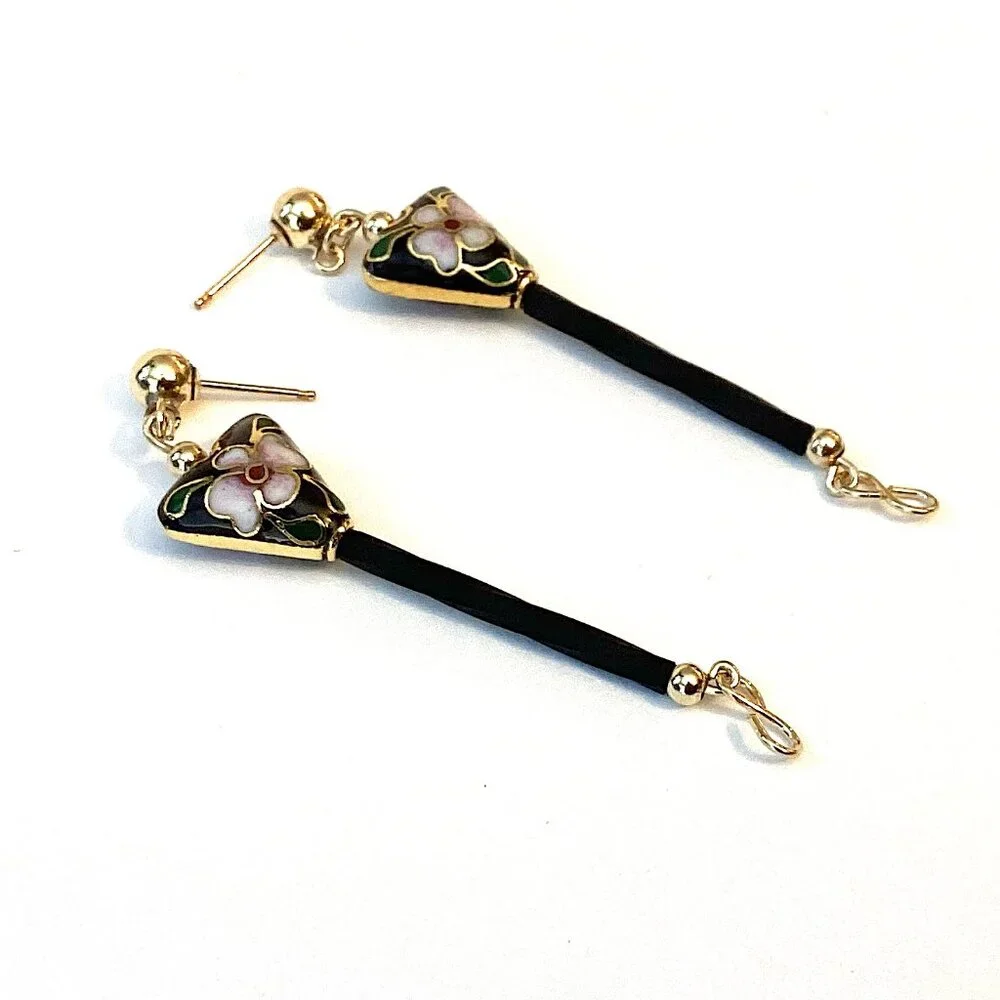 Vintage 14k Gold Cloisonne Earrings, Long and Unique Dangle Jewelry, Art Nouveau - Picture 2 of 8